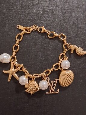 Gold-Tone Pearl Charm Bracelet with Nautical Charms